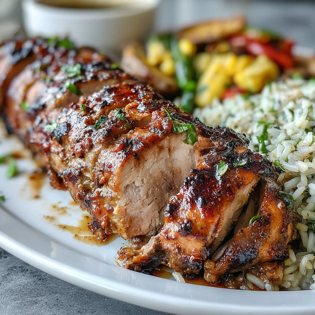 Schab z wieprzowiny z chrupiącą skórką w przyprawie jerk, skropiony limonką, gotowy do krojenia.