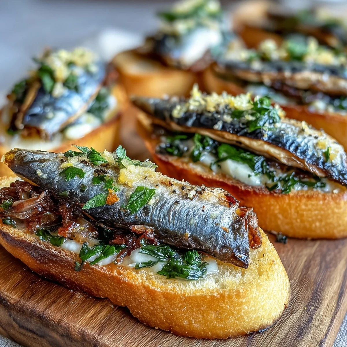 Crispy Crostini with Sardines & Lemon topped with golden sardines, lemon zest, and fresh parsley on toasted bread.