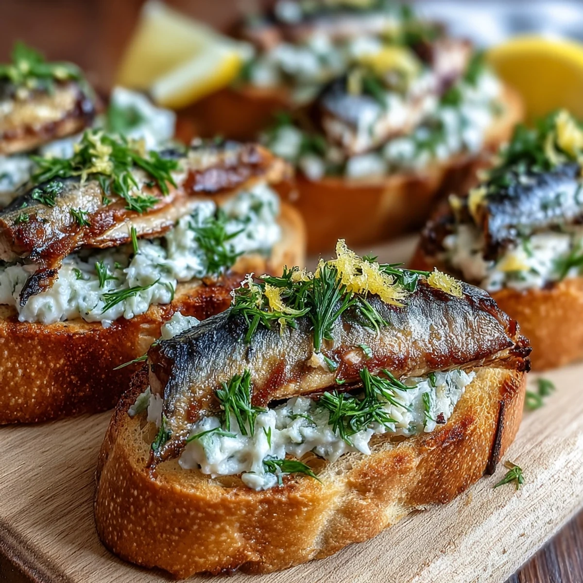 Golden Crostini with Sardines & Lemon served with lemon wedges and parsley for a bright Italian appetizer.