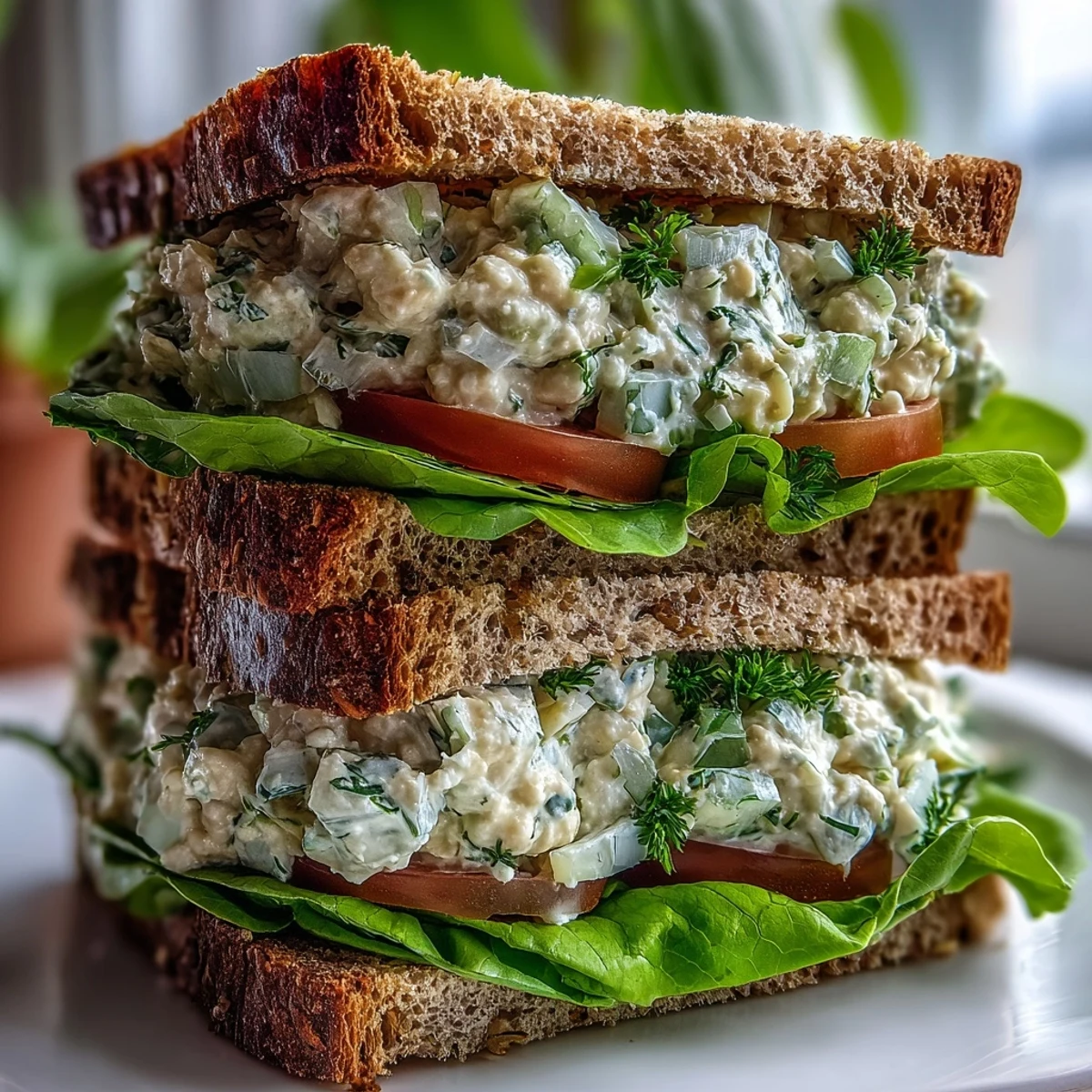 Soczyście wyglądający Chickpea Salad Sandwich z chrupiącą sałatą i pomidorem.