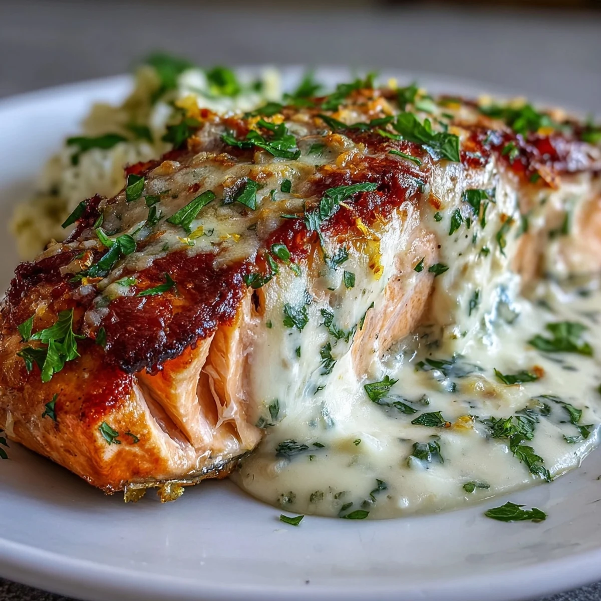 Creamy Baked Salmon with Lemon Butter Sauce garnished with parsley and lemon wedges on a ceramic platter