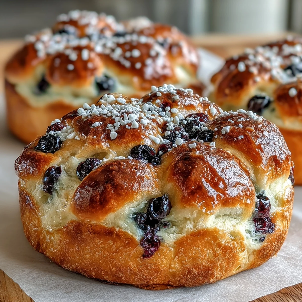 Fluffy Cottage Cheese Blueberry Cloud Bread cooling on a wire rack with golden edges and juicy blueberries.