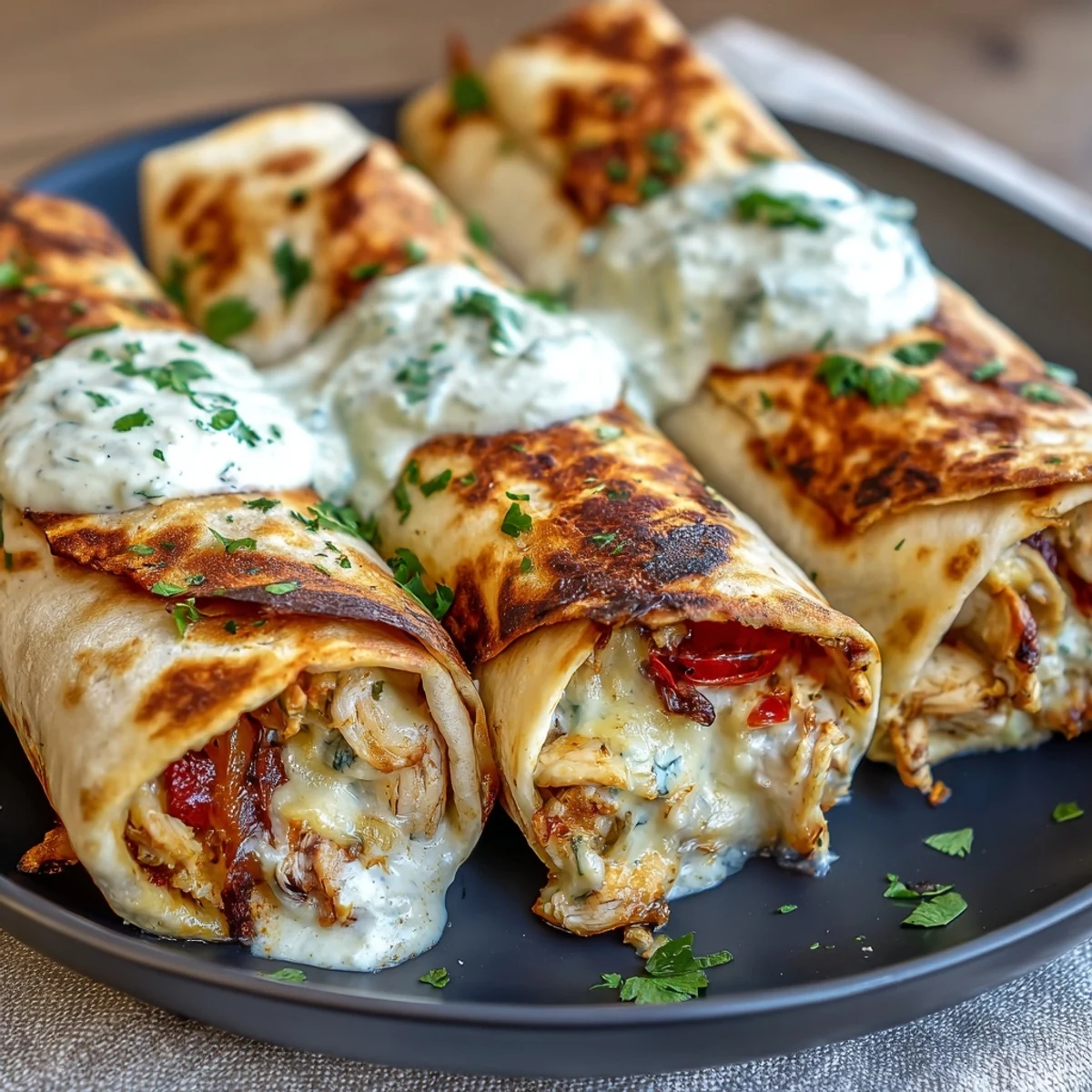 Golden, crispy Chicken Bell Pepper Ranch Burritos resting on a plate with fresh cilantro garnish.