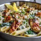 A close-up of Greek Chicken Feta Pasta Skillet garnished with fresh parsley and lemon wedges.