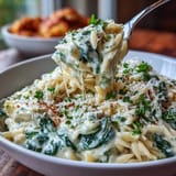 Creamy spinach artichoke orzo dish, a satisfying vegetarian meal with tender pasta.