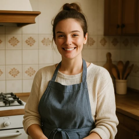 Basia Smakowita, w kuchni, w koszulce i rękawicach, uśmiechnięta, zdjęcie użytkowe.