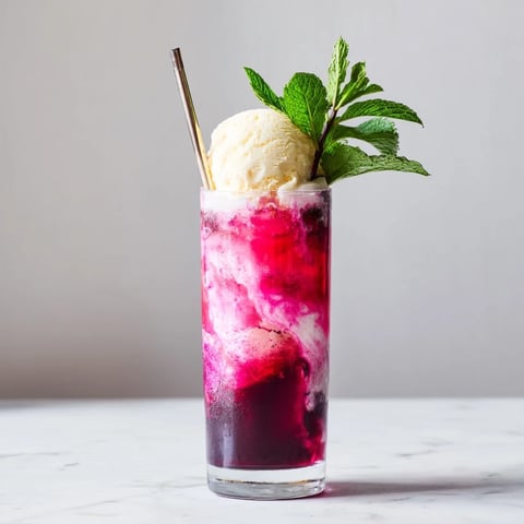 Vibrant Beetroot Rebel Soda Float topped with creamy vanilla ice cream and fresh mint.  