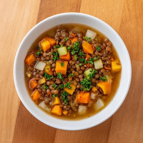 Warm Lentil Stew with Root Vegetables, steaming in a bowl, perfect for a cozy, comforting dinner.