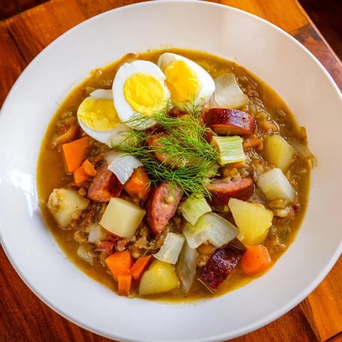 A steaming bowl of One-Pot Sour Rye Soup topped with fresh herbs and egg.