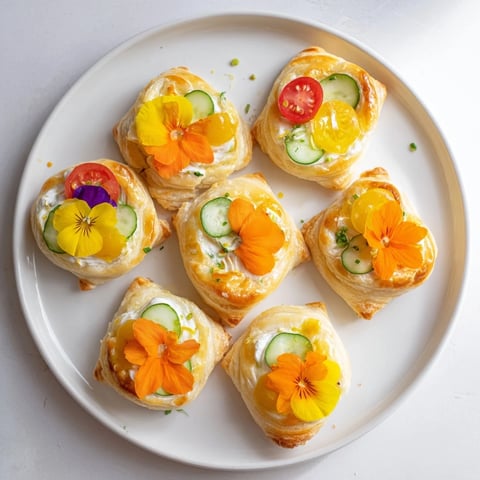 Golden fairy garden flower shaped snacks with colorful veggie petals atop creamy filling.