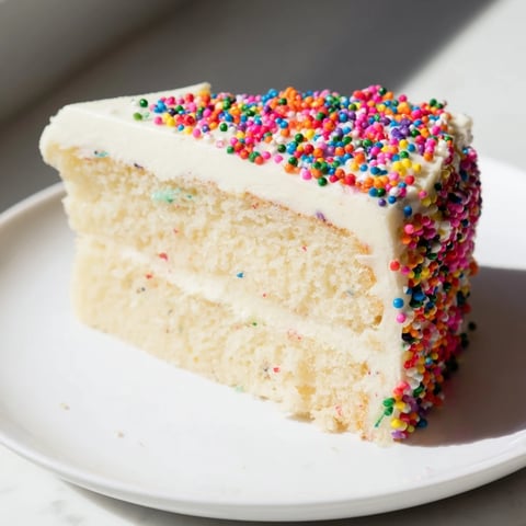 Festiwalowa, warstwowa urodzinowa ciasto z kremowym lukrem i kolorową posypką, po prostu pyszne.