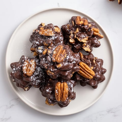 Rustic Dessert: Pinecone Chocolate Nut Clusters. A close-up of the delicious chocolate clusters shaped to look like small pinecones.