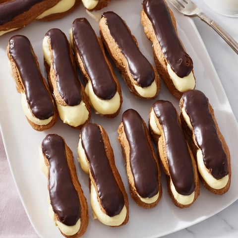 Słodkie kęsy: Mini czekoladowe eklerki w rzędzie, z gładkim kremem waniliowym i błyszczącą polewą.