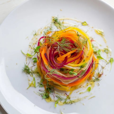 Delicately arranged "Spinning Top" salad with colorful, thinly shaved vegetables and fresh herbs.
