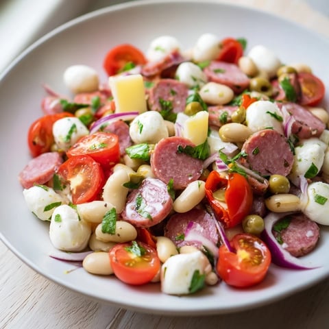 Italian Antipasto Bean Salad: A colorful mix of beans, salami, provolone, and fresh vegetables ready to eat.