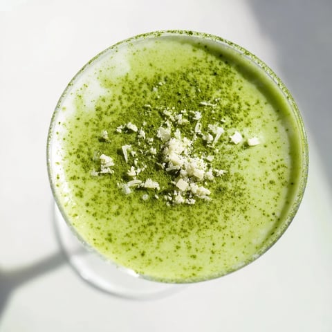 Creamy Matcha Martini cocktail in a chilled glass, garnished with delicate matcha dust.