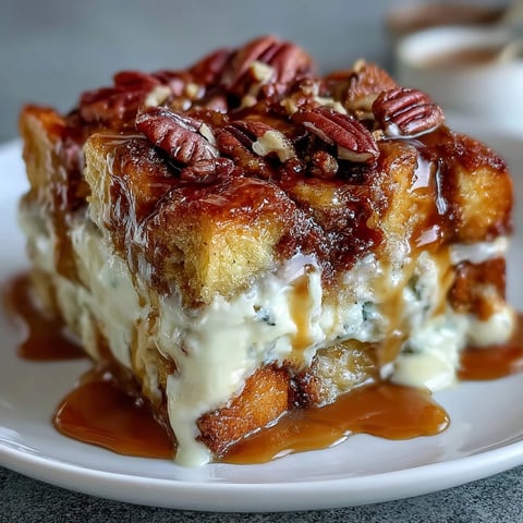 Golden brown Caramel Cream Cheese French Toast Casserole bubbling with rich caramel sauce on a white plate.