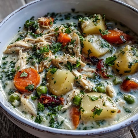 Creamy Chicken Pot Pie Soup served in a rustic bowl, topped with fresh parsley and a flaky biscuit on the side.