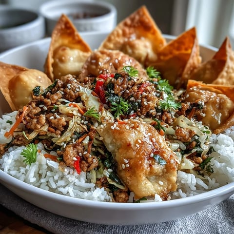 Crispy Baked Egg Roll Chicken Bowls served over fluffy jasmine rice, topped with crunchy wonton strips and fresh green onions.