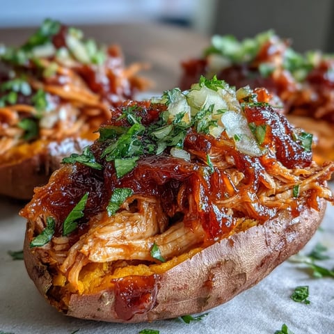 Golden Honey BBQ Chicken Stuffed Sweet Potatoes topped with melted cheddar and fresh herbs on a rustic table.