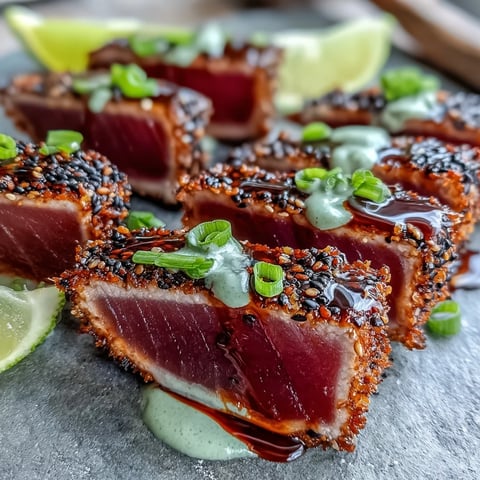 Black Sesame Seed Crusted Tuna with Wasabi Mayo sliced and fanned on a plate, garnished with scallions and lemon wedges for a vibrant restaurant-style presentation.