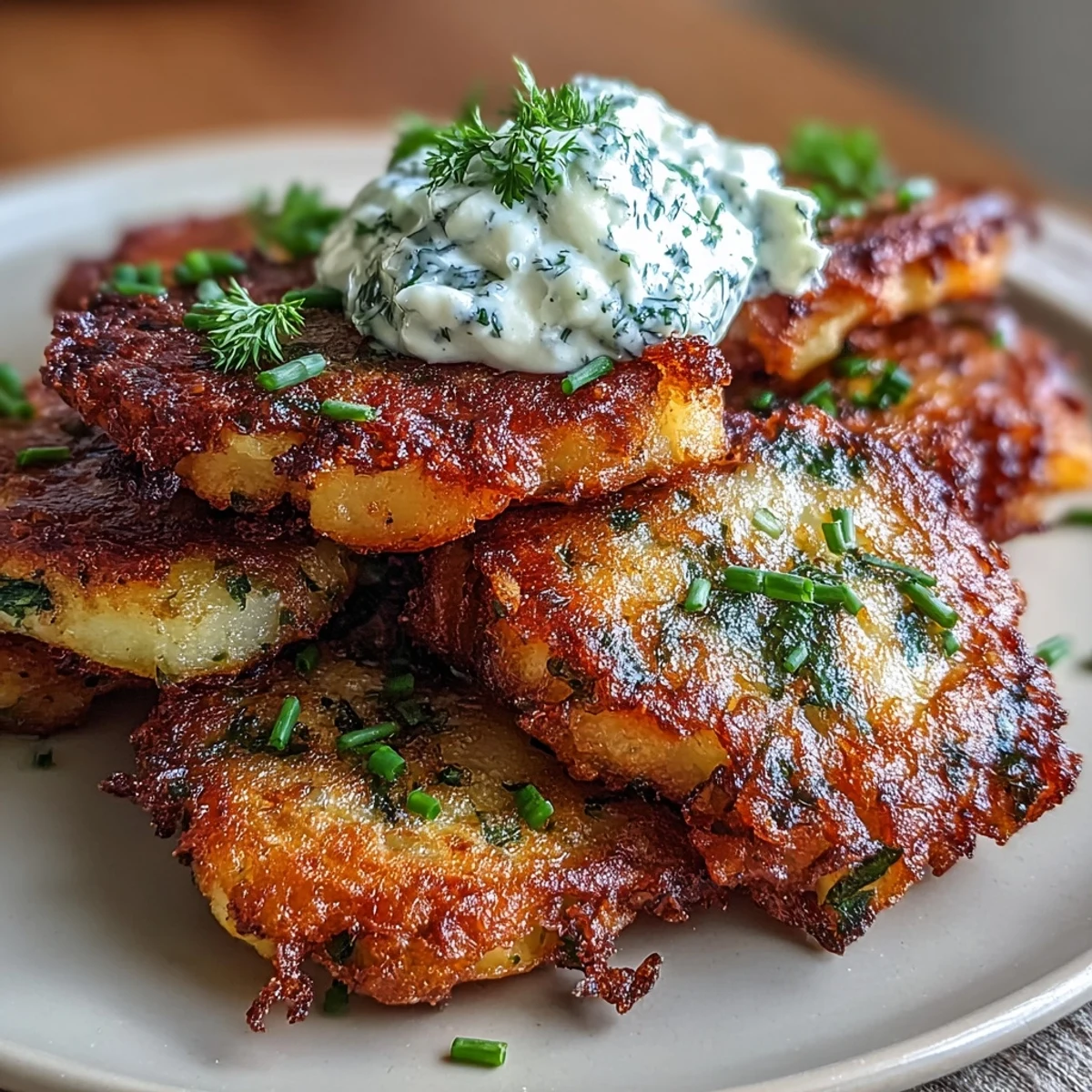Smashed Potato & Herb Fritters topped with sour cream and chives, golden and crispy on a serving plate.