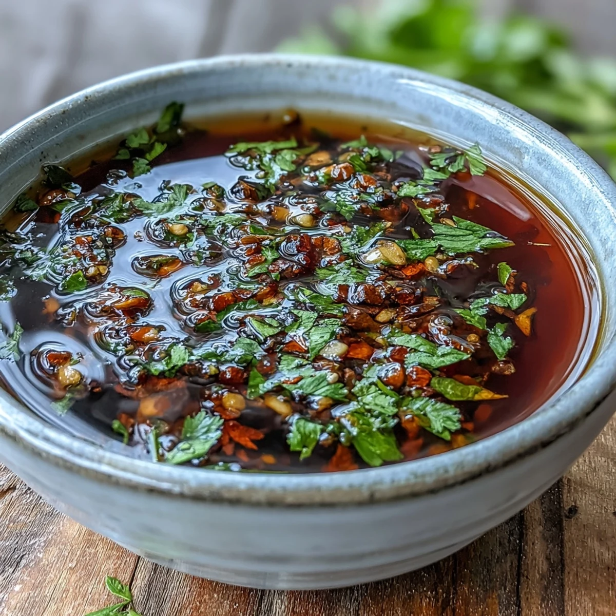 Golden Garlic Chilli Oil Dipping Sauce glistening in a rustic bowl, surrounded by fresh dumplings and chopsticks ready for dipping.
