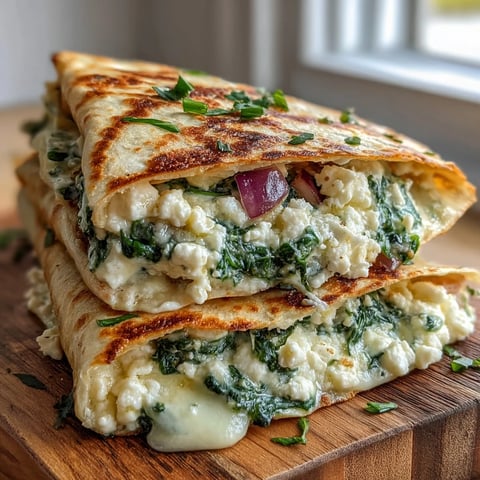 Złociste Quesadillas z Feta i Szpinakiem na białym talerzu, z widocznymi cebulowymi paskami i stopionym serem.