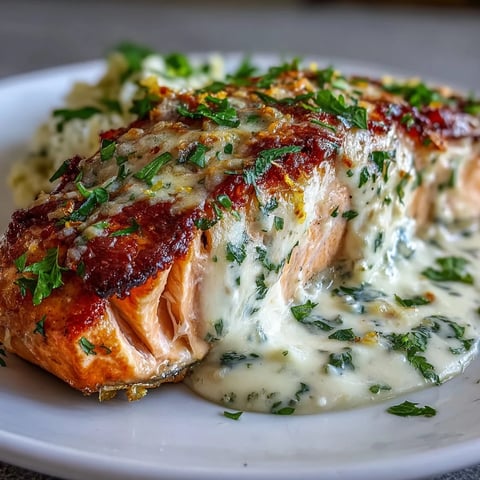 Creamy Baked Salmon with Lemon Butter Sauce garnished with parsley and lemon wedges on a ceramic platter