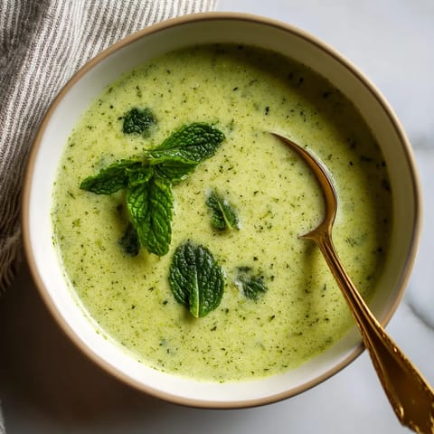 W misce z zimnego zucchini i menty, w której jest dużo zielonej zawartości, widać cienką linię złotego łyżeczka.