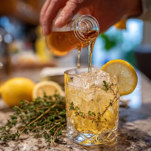 W kąpielni leży szklanka z napojem.