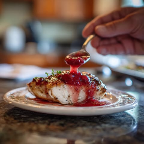 Obraz przedstawia chicken z rhubarb sauce, który jest używany do pokrycia mięsa. Chicken jest umieszczony na talerzu, a jego krawędzie są pokryte cienką warstwą sosu. Obraz jest wykonany w kolorach ciemno-czerwonych, co dodaje mu wyrazistego wyglądu.