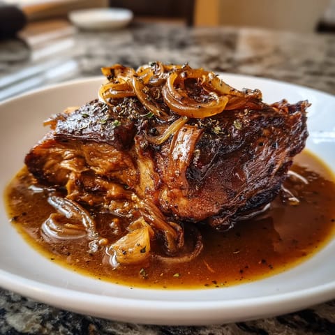 Na tle stołu, w misce, znajduje się pokrojony w kostkę kawałek wieprzowiny, podawany z sałatką ziemniaczki i zupą z ziemniaków.