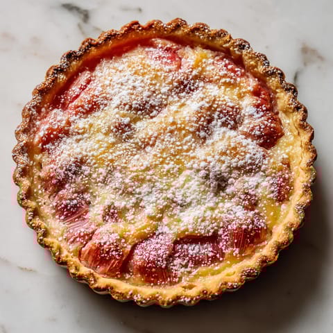 Na tle marmuru stoi pyszny tart z jabłkami i cukrem vaniły.