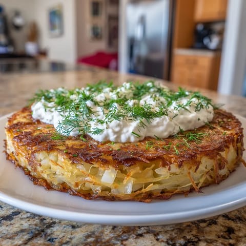 Na tabeli stoi pyszne potato cake z sosem śmietankowym.