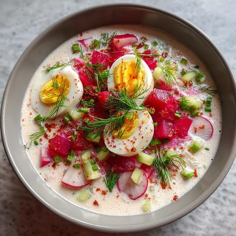 W misce zimowej borscht z kurczakami, w której znajdują się jajka kurczaka, cebula, szpinak, pomidor, cukier i pieczarki.