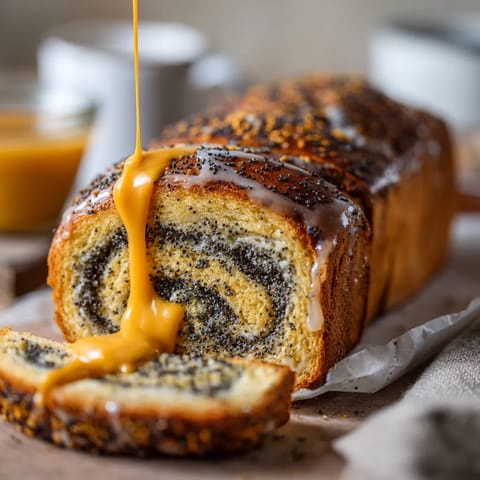 Obraz przedstawia pyszny poppy seed roll, który jest pokryty cukrem i olejem.