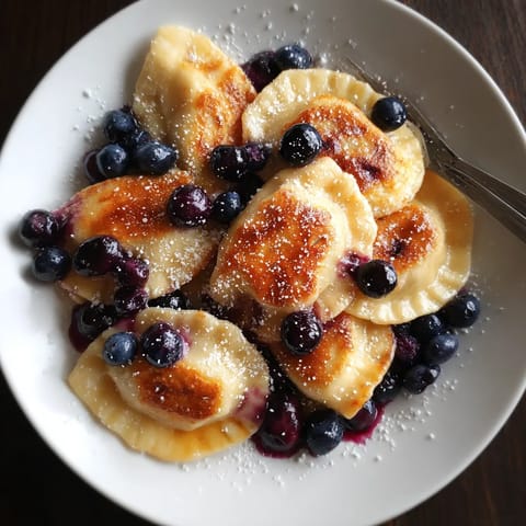 Na tle ciemnego tła, na białym talercie są gotowe, świeże pierogi z jabłkami. Pierogi są pokryte cukrem i są wyjątkowo cicho. W tle, widać jeszcze kilka pierogów, które są w procesie przygotowania.