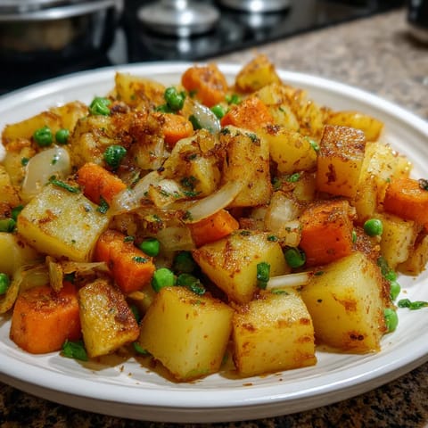 Na tle kuchennym stoi biały talerz z wyjątkowo smaczącymi potatami, które są gotowe do podania.