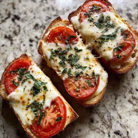 Dwa baguettscheiben z tomatami i mozzarella, podgrillowane na tle czarnego podstawy.