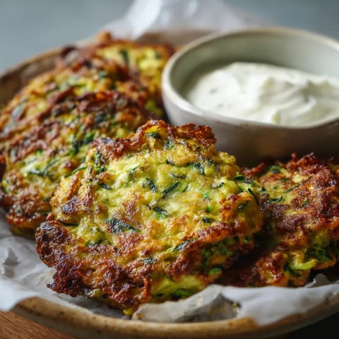 Na tle szarzy zucchini fritters z garlic yogurt dip.