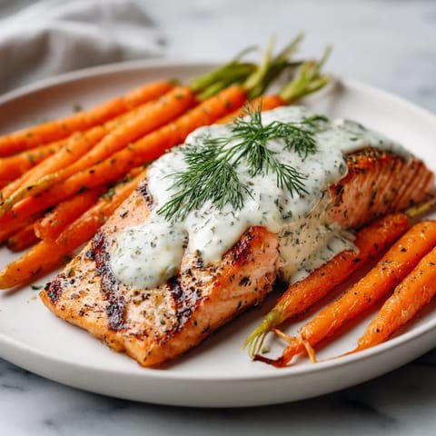 Obraz przedstawia grillowany salmon z dodatkiem sosu z bazylii i młodych papryk.