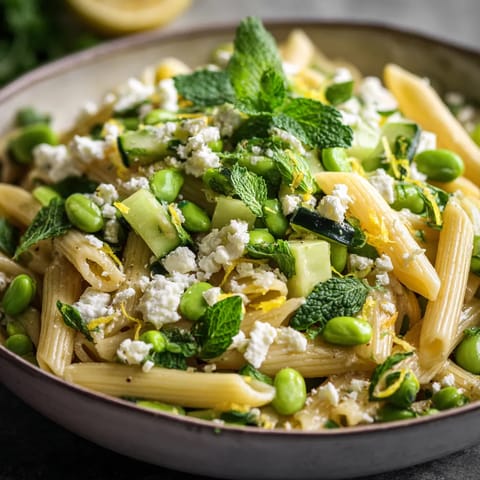 W misce z makaronem, bobem, miętą i serem feta, w której dominują różne składniki, w tym pasta, ser, bob, mięta i lemon.