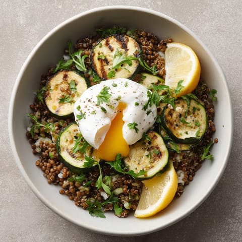 Buckwheat Bowls z Grilled Zucchini i Poached Egg.