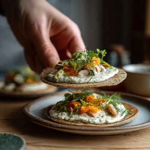 Obraz przedstawia dwa buckwheat bliny z owocami morza.