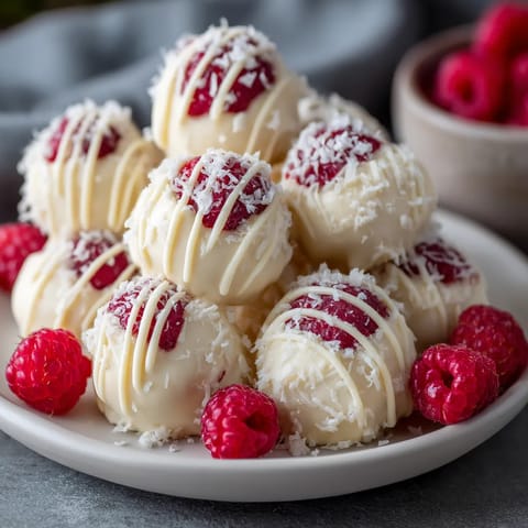 Na tle szarości widać białe, cukierkowate pierogi z raspberry.