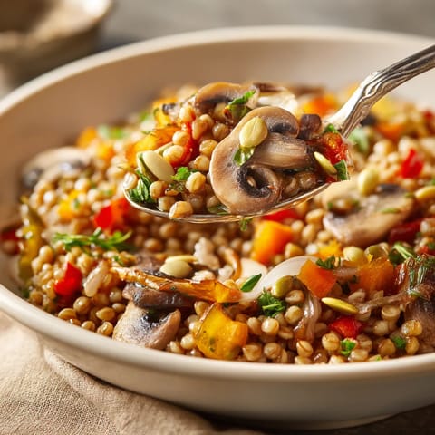 W misce z kaszą (buckwheat) widać różne składniki, takie jak mushrooms, peppers, tomatoes.