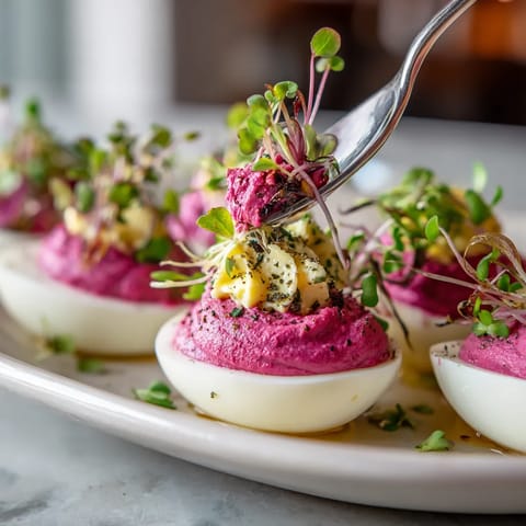 Na tle stołu, w którym znajdują się dwa deviled eggs.