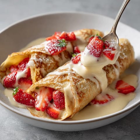 Na talerzu w misce są naleśniki z jabłkami i strawberami. Są one pokryte śmietanką i posypane strawberami.