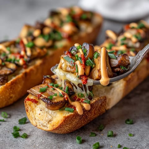 Obraz przedstawia trzy słodkie zapiekanki z mushroomami, które są przygotowane na baguette.
